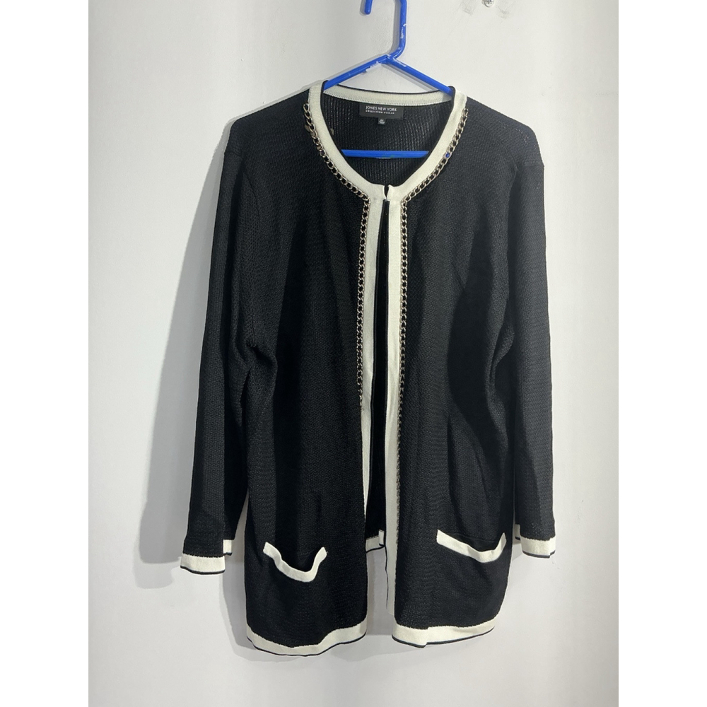 Womans Jones NY Woman Size 2x Black Open Front Cardigan Sweater Chain Accent - Picture 1 of 8
